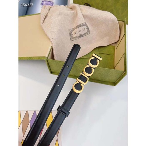 Gucci Unisex Buckle Thin Belt Black Leather Gold-Toned Hardware 2 CM Width