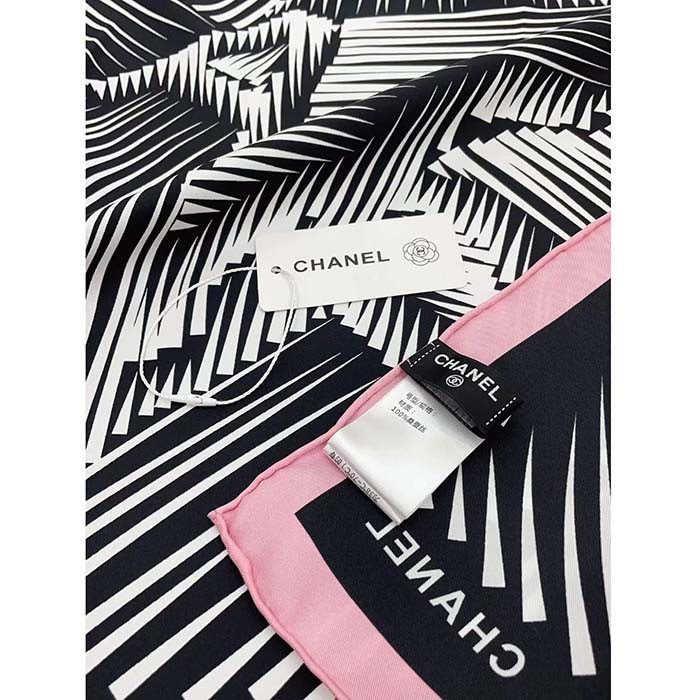 Chanel CC Women Square Scarf Silk Twill Black Light Pink