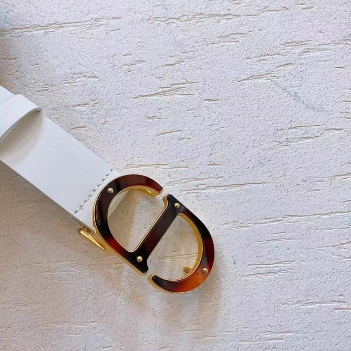Dior Unisex CD 30 Montaigne Belt White Smooth Calfskin Leather Brown Tortoiseshell-Effect Resin