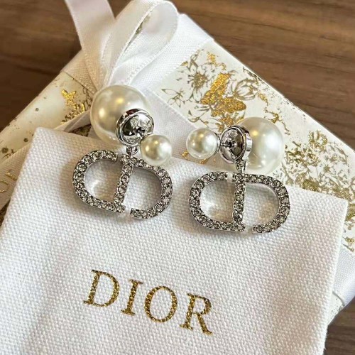 Dior Women Tribales Earrings Silver-Finish Metal with White Resin Pearls and Silver-Tone Crystals