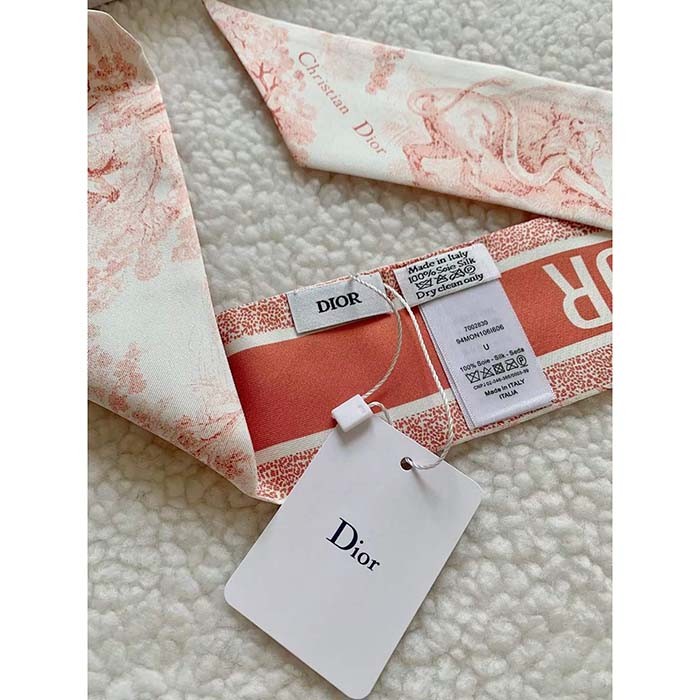 Dior Women CD Toile De Jouy Sauvage Mitzah Scarf Ivory Pink Silk Twill