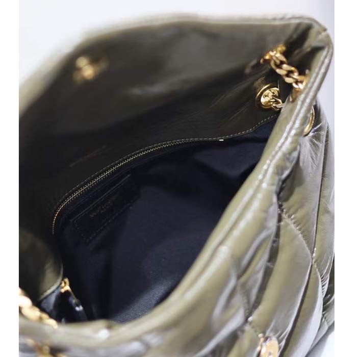 Saint Laurent YSL Women Puffer Small Quilted Crackled Calfskin Leather Dark Green