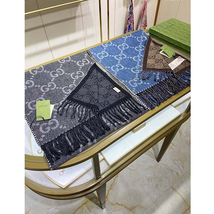 Gucci Unisex Original GG Jacquard Knit Scarf Tassels Navy Light Brown Organic Wool