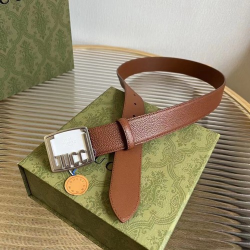 Gucci Unisex GG Belt Gucci Plaque Buckle Brown Leather Palladium-Toned Hardware