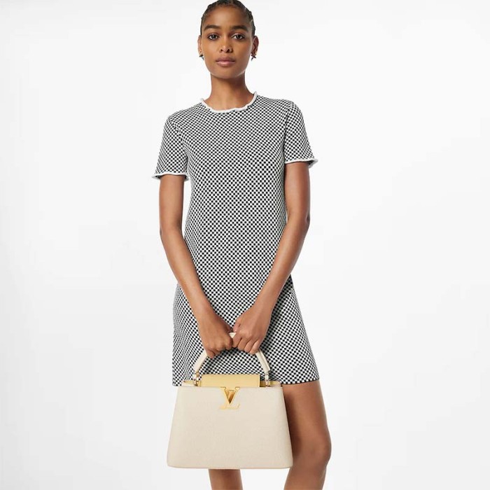 Louis Vuitton LV Women Capucines MM Handbag Yellow Beige Taurillon Leather Canvas