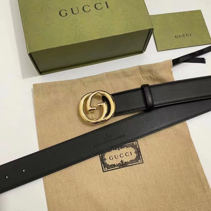 Gucci Unisex Blondie Belt Black Leather Round Interlocking G Buckle 4 CM Width