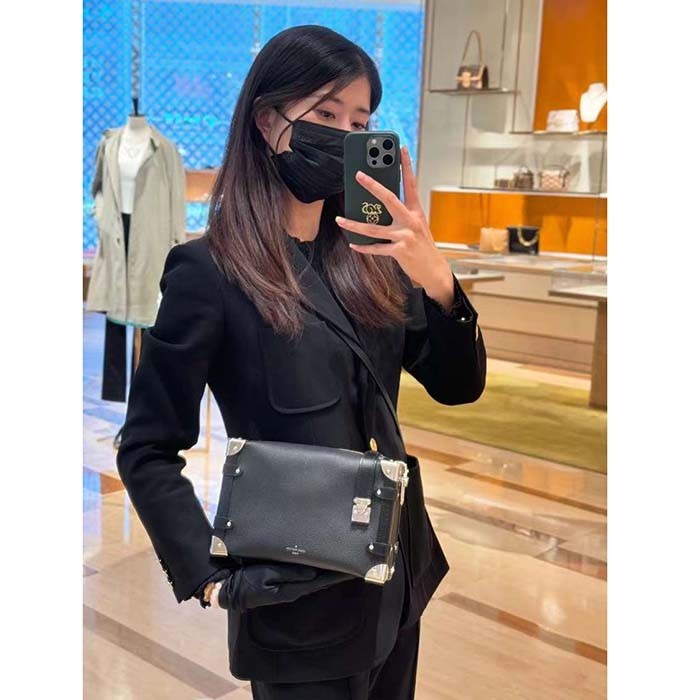 Louis Vuitton LV Women Side Trunk MM Handbag Black Grained Calf Leather M25160