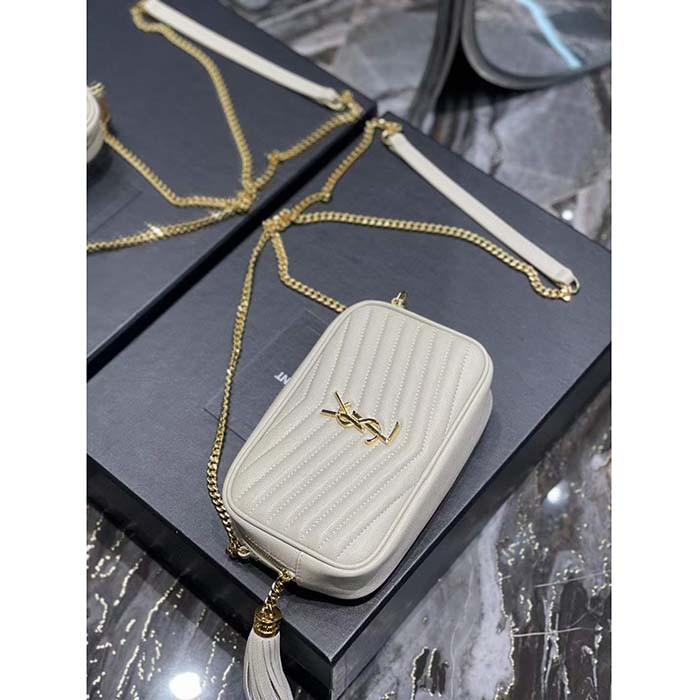 Saint Laurent YSL Women Mini Lou Quilted Leather White Gold Zip Closure