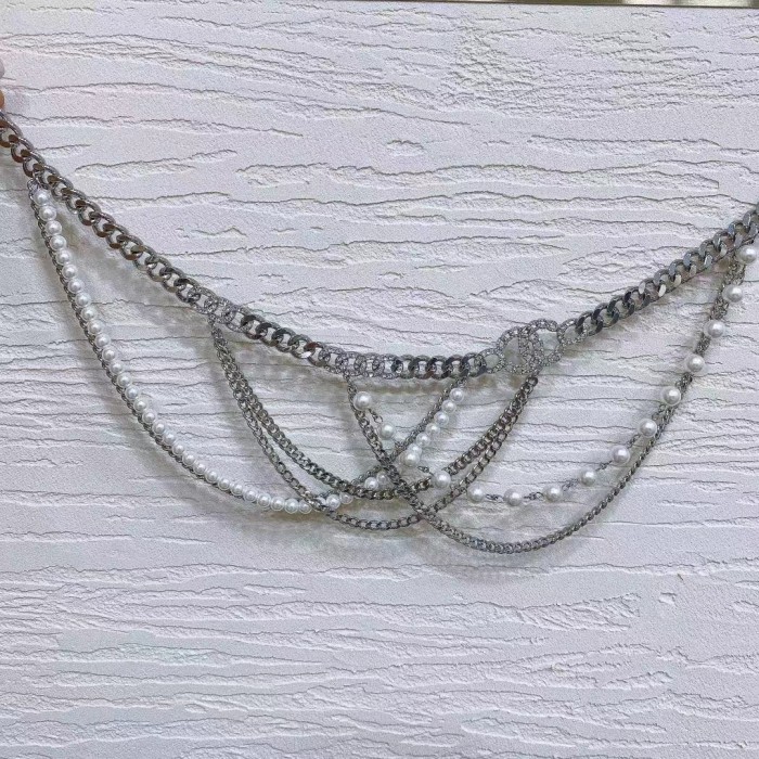 Chanel Women CC Chain Belt Metal Resin Glass Pearls Strass Silver Pearly White Crystal