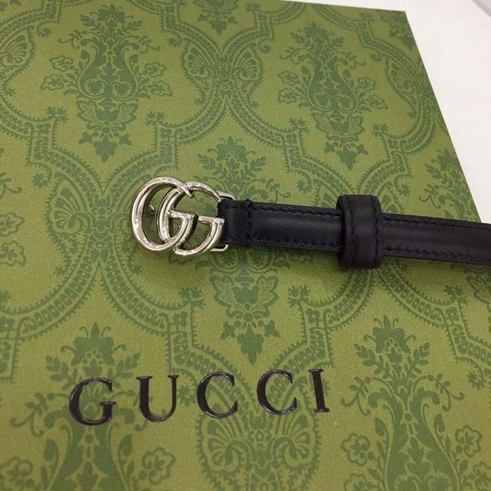 Gucci Unisex GG Thin Belt Belt Black Leather Double G Buckle 1.3 CM Width