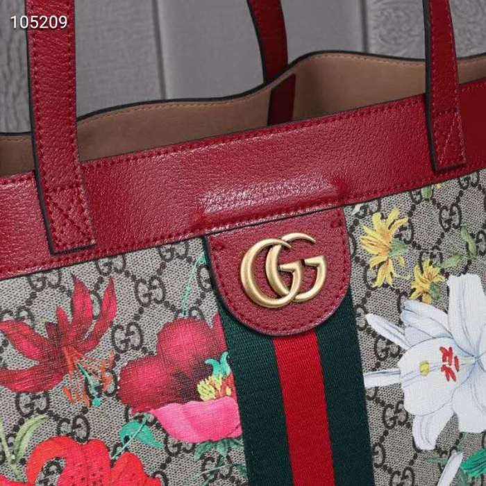 Gucci GG Women Ophidia GG Flora Medium Tote in Beige/Ebony GG Supreme Canvas