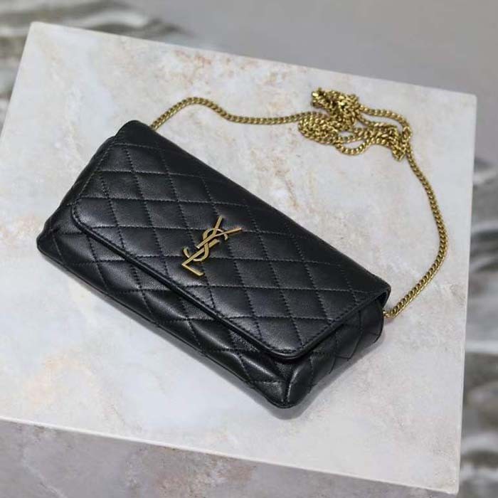 Saint Laurent YSL Women Black Gaby Chain Phone Holder Quilted Lambskin Metal