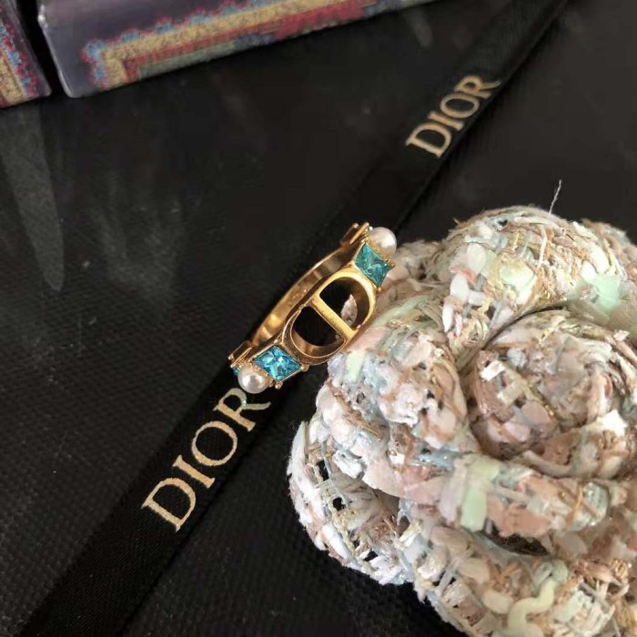 Dior Women Petit CD Ring Gold-Finish Metal with White Resin Pearls and Light Blue Crystals
