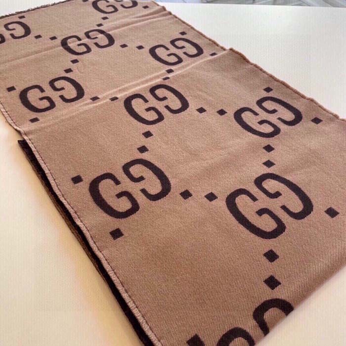 Gucci Unisex GG Jacquard Wool Silk Scarf Brown Beige GG Jacquard Wool Silk