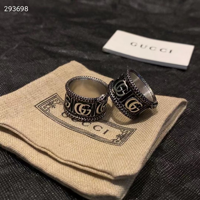 Gucci Unisex Silver Ring Double G Bi-Color 925 Sterling Silver Textured Snake-Shaped Trim