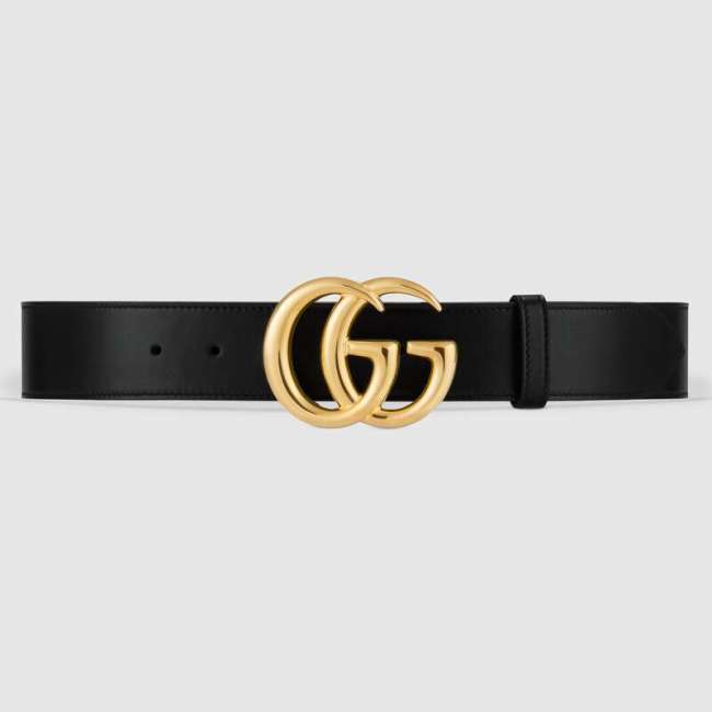 Gucci Unisex GG Marmont Leather Belt with Shiny Buckle in 3.8cm Width-Black