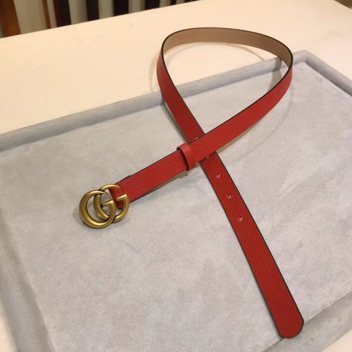 Gucci Unisex Marmont Reversible Thin Belt Red Leather Double G Buckle