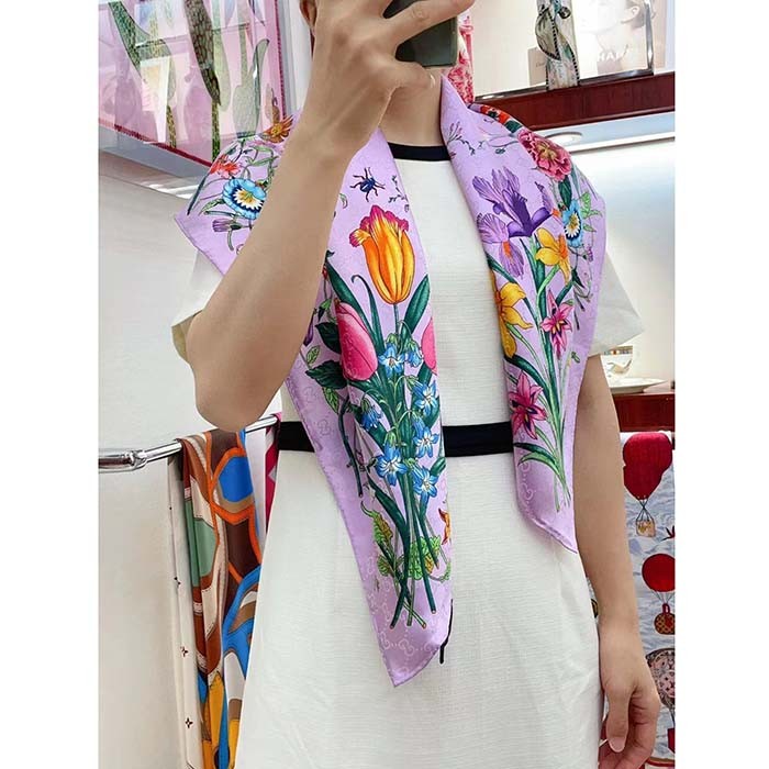 Gucci Women GG Flora Print Silk Carré Multicolor Purple Twill
