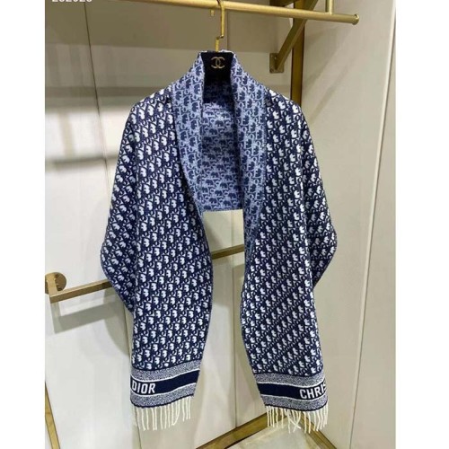 Dior Unisex CD Dior Oblique Scarf Navy Blue Cashmere Double-Sided Fringed Ends