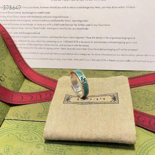Gucci Unisex GG Ring Interlocking G 925 Sterling Silver Turquoise Enamel Textured Trim
