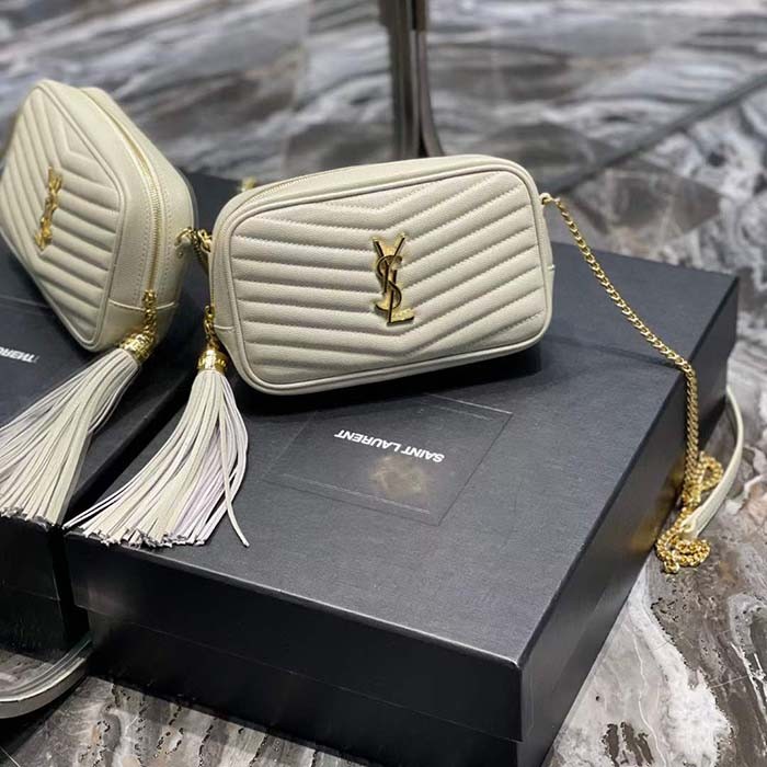 Saint Laurent YSL Women Mini Lou Quilted Leather White Gold Zip Closure