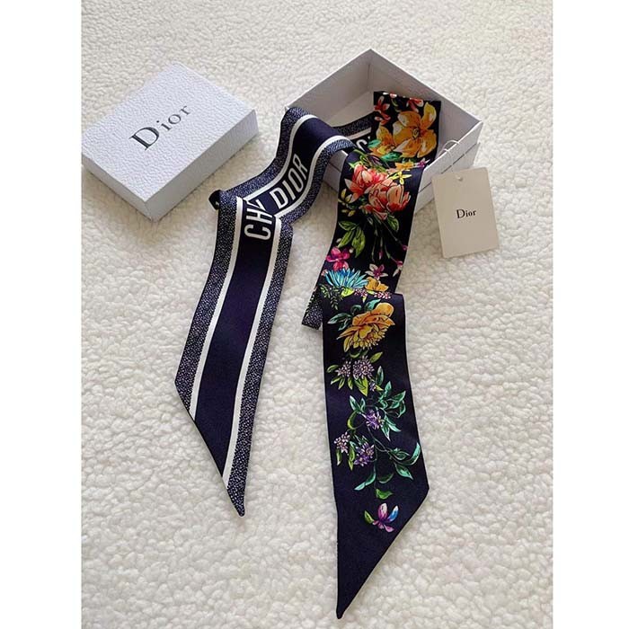 Dior Women CD D-Floral Mitzah Scarf Blue Multicolor Silk Twill