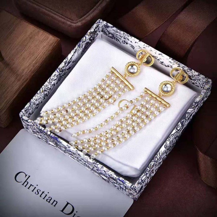 Dior Women La Parisienne Earrings Gold-Finish Metal with White Resin Pearls and Mirrors