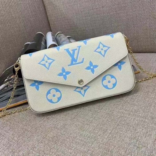 Louis Vuitton LV Women Félicie Pochette Latte White Candy Blue Monogram Empreinte Embossed Supple Grained Cowhide Leather