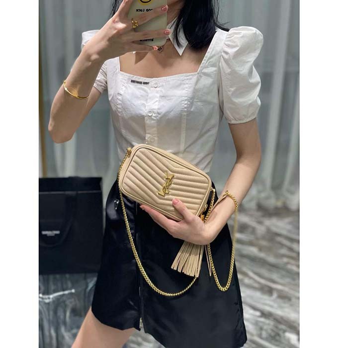 Saint Laurent YSL Women Mini Lou Quilted Leather Beige Gold Zip Closure