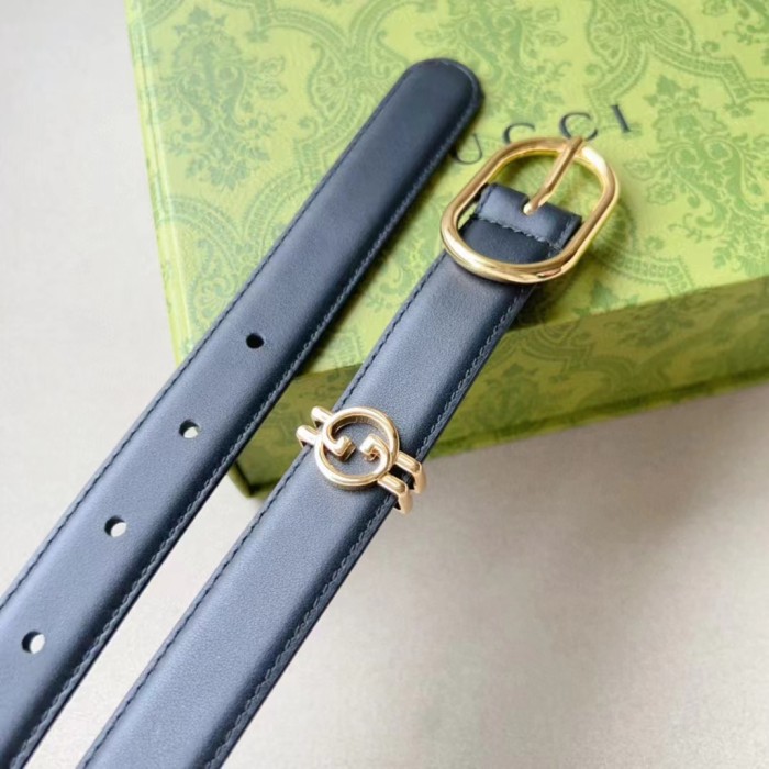 Gucci Unisex GG Belt Round Interlocking G Black Leather Oval Buckle 2.3 CM Width