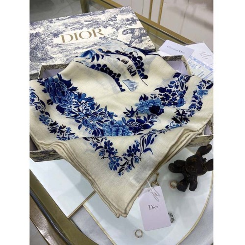 Dior Women CD Dior Jardin D'Hiver 90 Square Scarf Ivory Blue Silk Twill