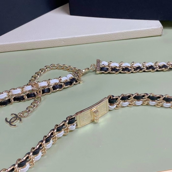 Chanel Women CC Belt Gold Tone Metal Black White Calfskin Lambskin Leather