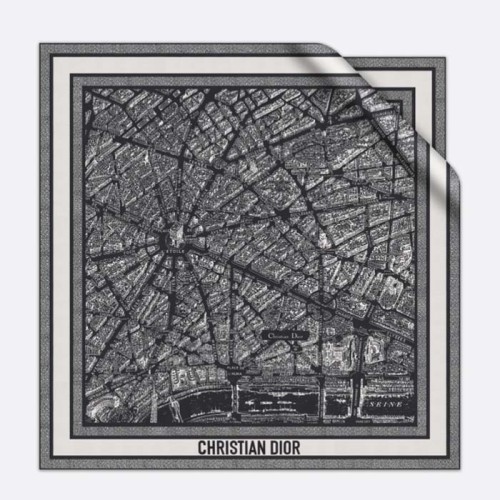 Dior Women CD Plan De Paris 90 Square Scarf Black White Silk Twill
