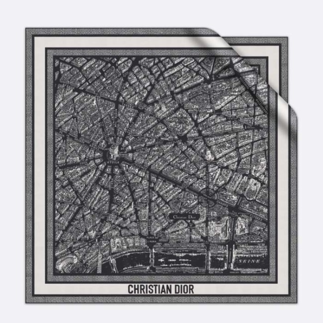 Dior Women CD Plan De Paris 90 Square Scarf Black White Silk Twill