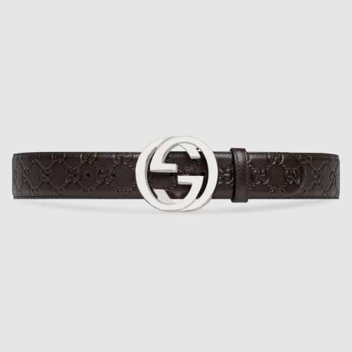 Gucci Unisex Gucci Signature Leather Belt with Interlocking G Buckle-Brown