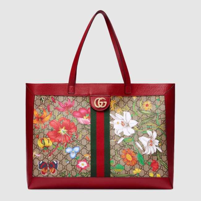 Gucci GG Women Ophidia GG Flora Medium Tote in Beige/Ebony GG Supreme Canvas