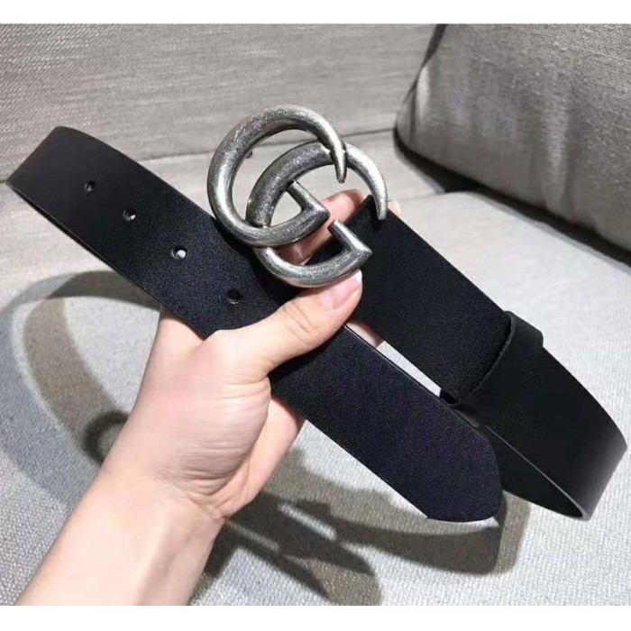 Gucci Unisex Leather Belt with Double G Buckle in 2.5cm Width-Black and Silver