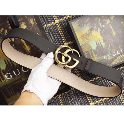 Gucci Unisex Leather Belt with Double G Buckle with Snake in Black Leather