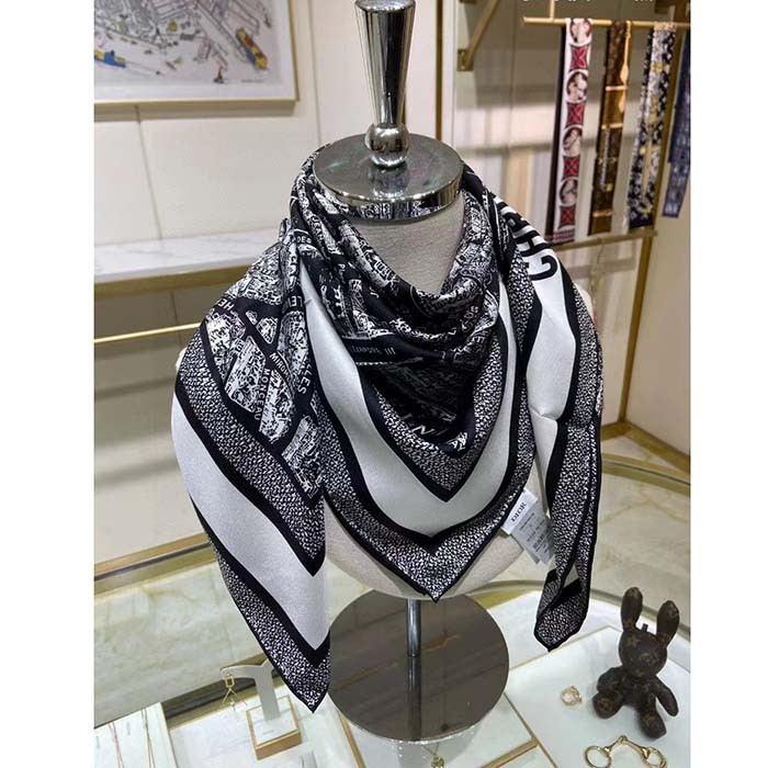 Dior Women CD Plan De Paris 90 Square Scarf Black White Silk Twill