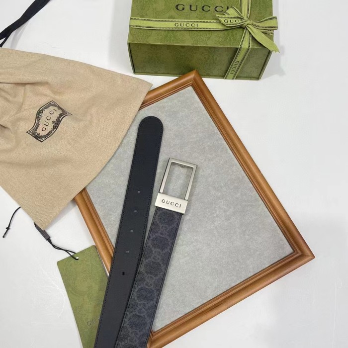 Gucci Unisex Belt Rectangular Buckle Black GG Supreme Canvas 3.6 CM Width