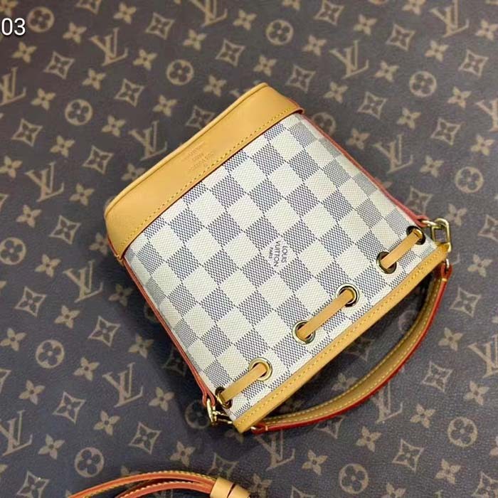 Louis Vuitton LV Women Sac Nano Noé Dragon Fruit Pink Damier Azur Coated Canvas