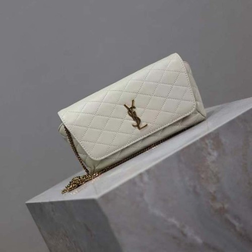 Saint Laurent YSL Women White Gaby Chain Phone Holder Quilted Lambskin Metal
