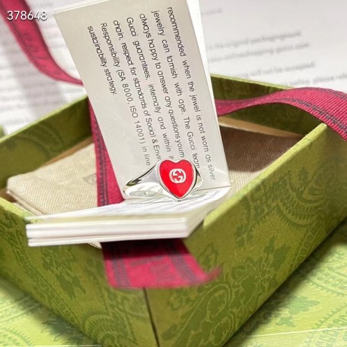 Gucci Unisex GG Heart Ring Interlocking G 925 Sterling Silver Red Enamel