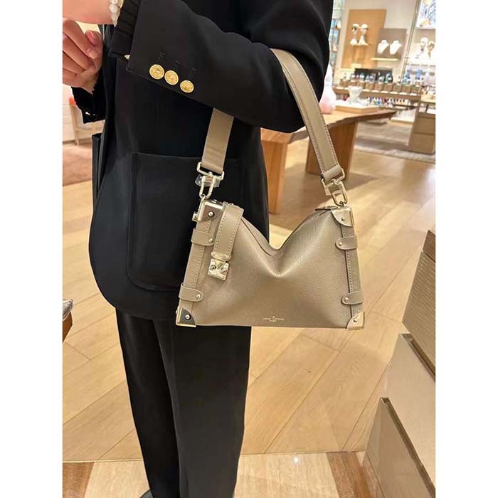Louis Vuitton LV Women Side Trunk MM Handbag Taupe Grained Calf Leather M25072