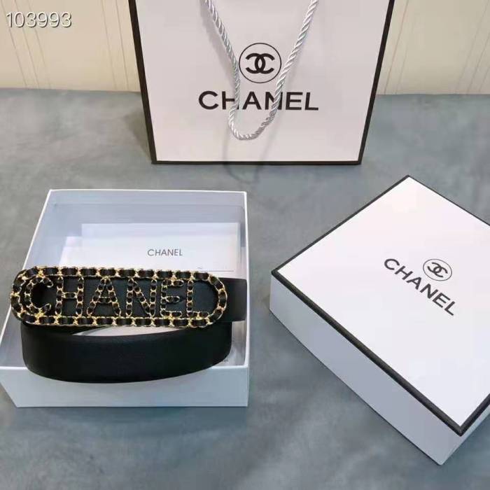 Chanel Women Calfskin Gold-Tone Metal & Lambskin Belt-Black