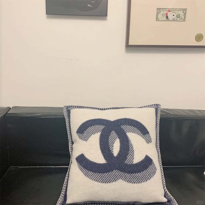 Chanel Unisex CC Cushion Cotton Wool Tweed Beige Navy Multifunction