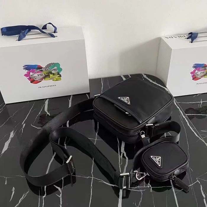 Prada Unisex Re-Nylon Saffiano Shoulder Bag Black Zipper Closure Fabric Leather