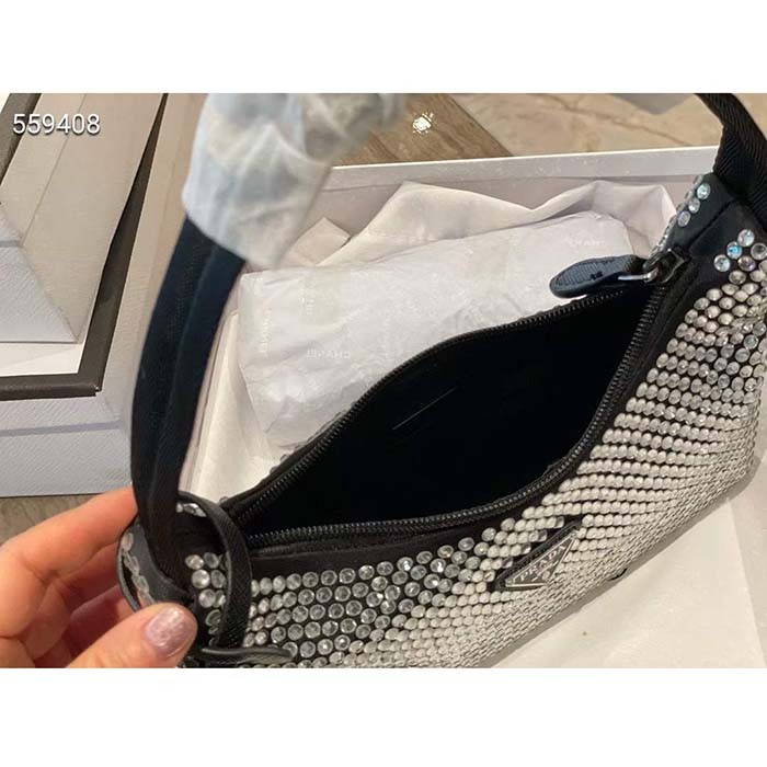 Prada Women Satin Mini-Bag Crystals Silk Satin Lining Silver