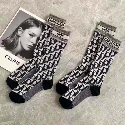 Dior Women Socks Blue and Ecru Dior Oblique Technical Cotton