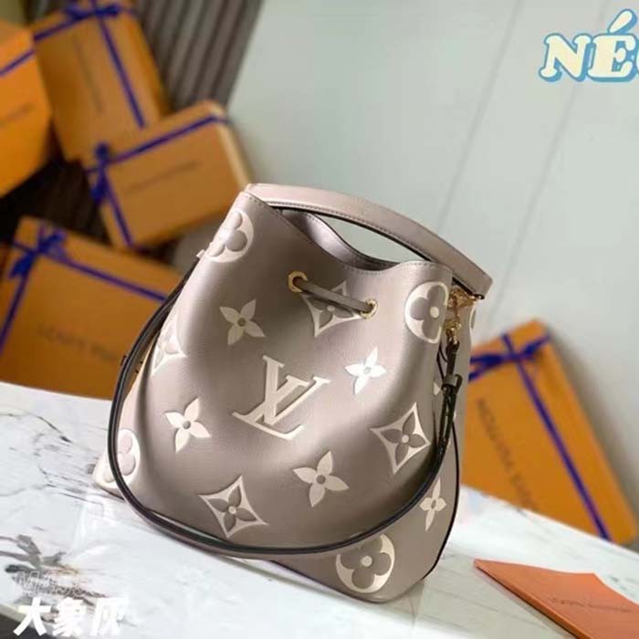 Louis Vuitton LV Women NéoNoé MM Bucket Bag Tourterelle Gray Cream Embossed Grained Cowhide Leather